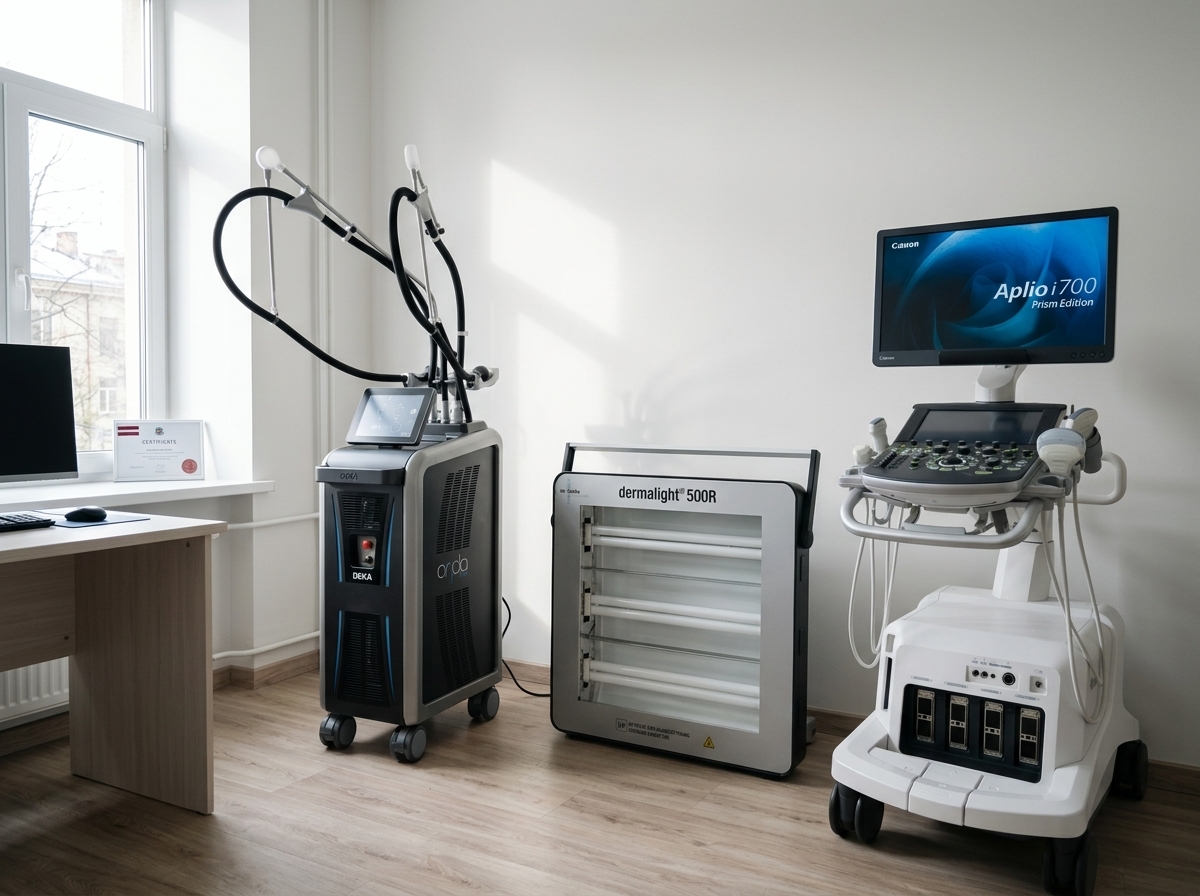 Deka Onda Pro, Dermalight 500R UVB and Canon Aplio i700 medical equipment in a doctor's office